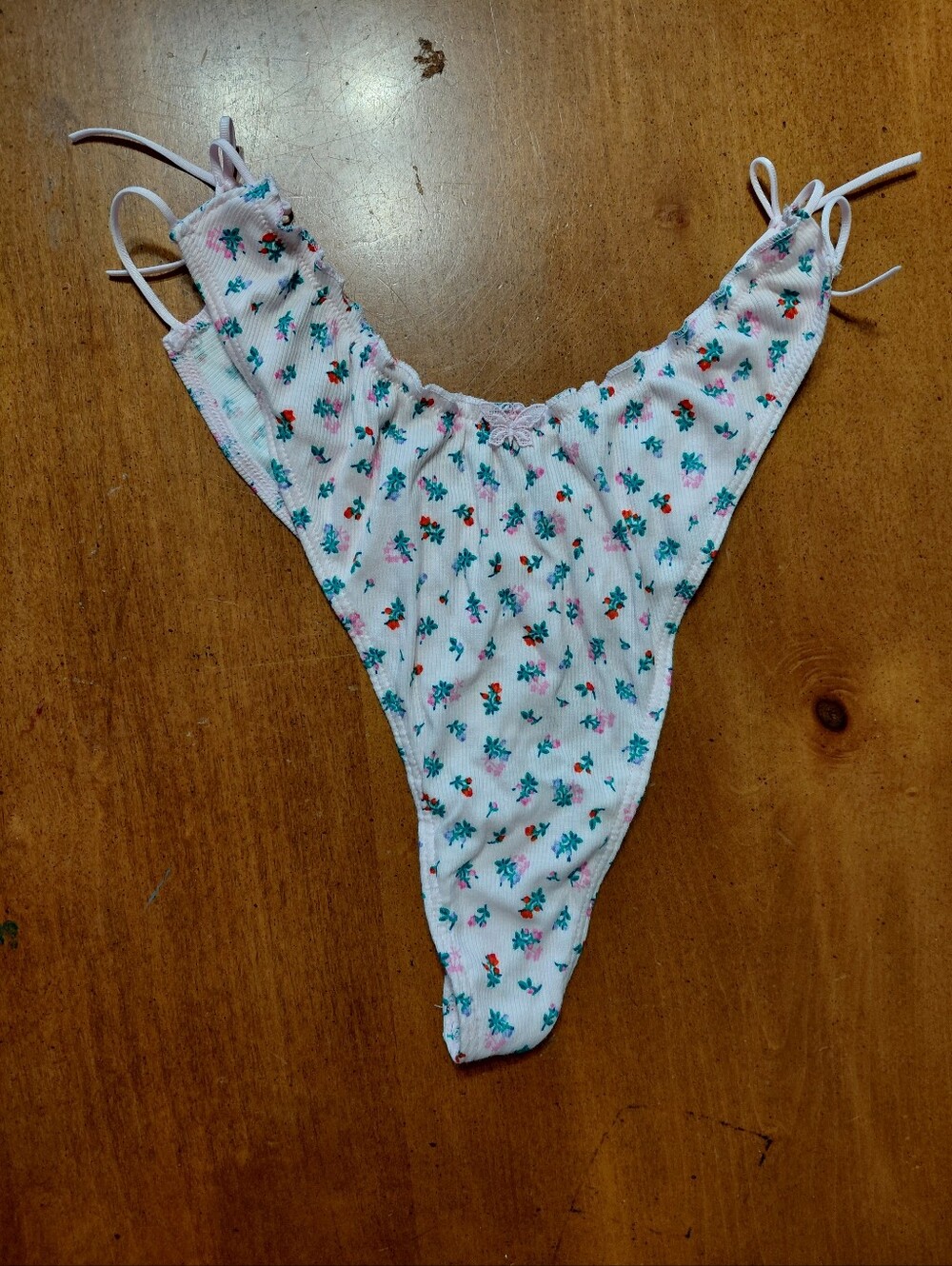 Victoria's Secret PINK Ribbed Cotton Floral Side Tie Thong Panty NWT Large